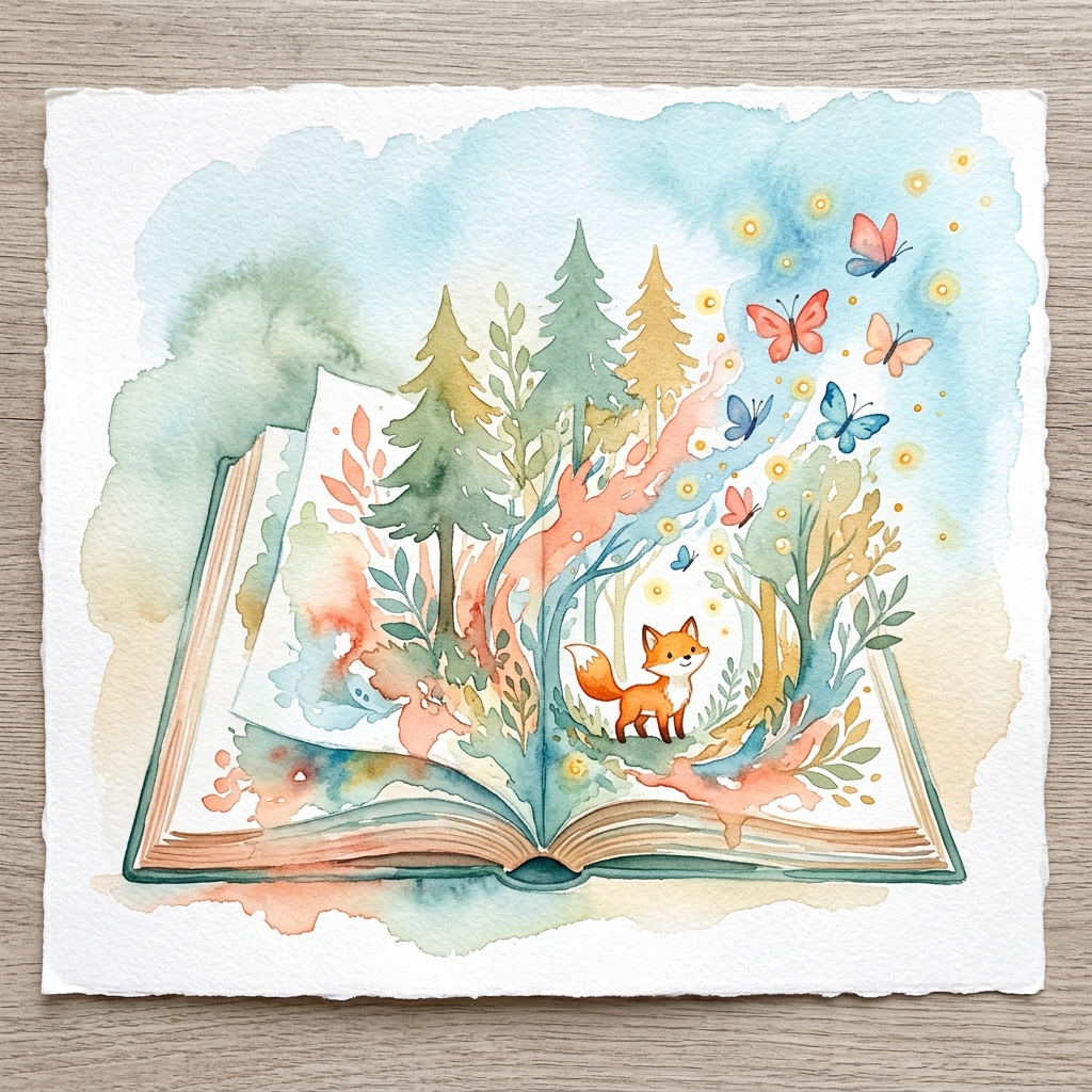 一本翻开的魔法绘本，森林生灵从书页中涌出