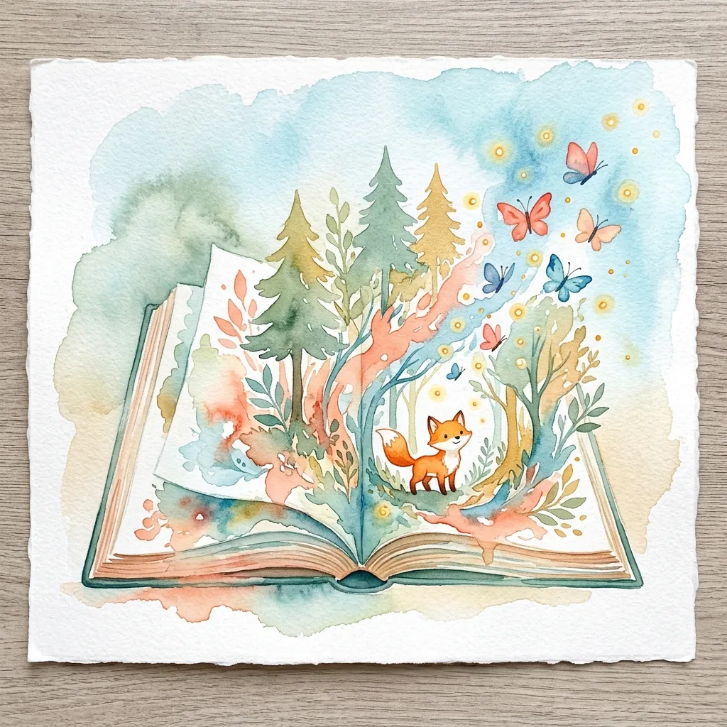 一本翻开的魔法绘本，森林生灵从书页中涌出