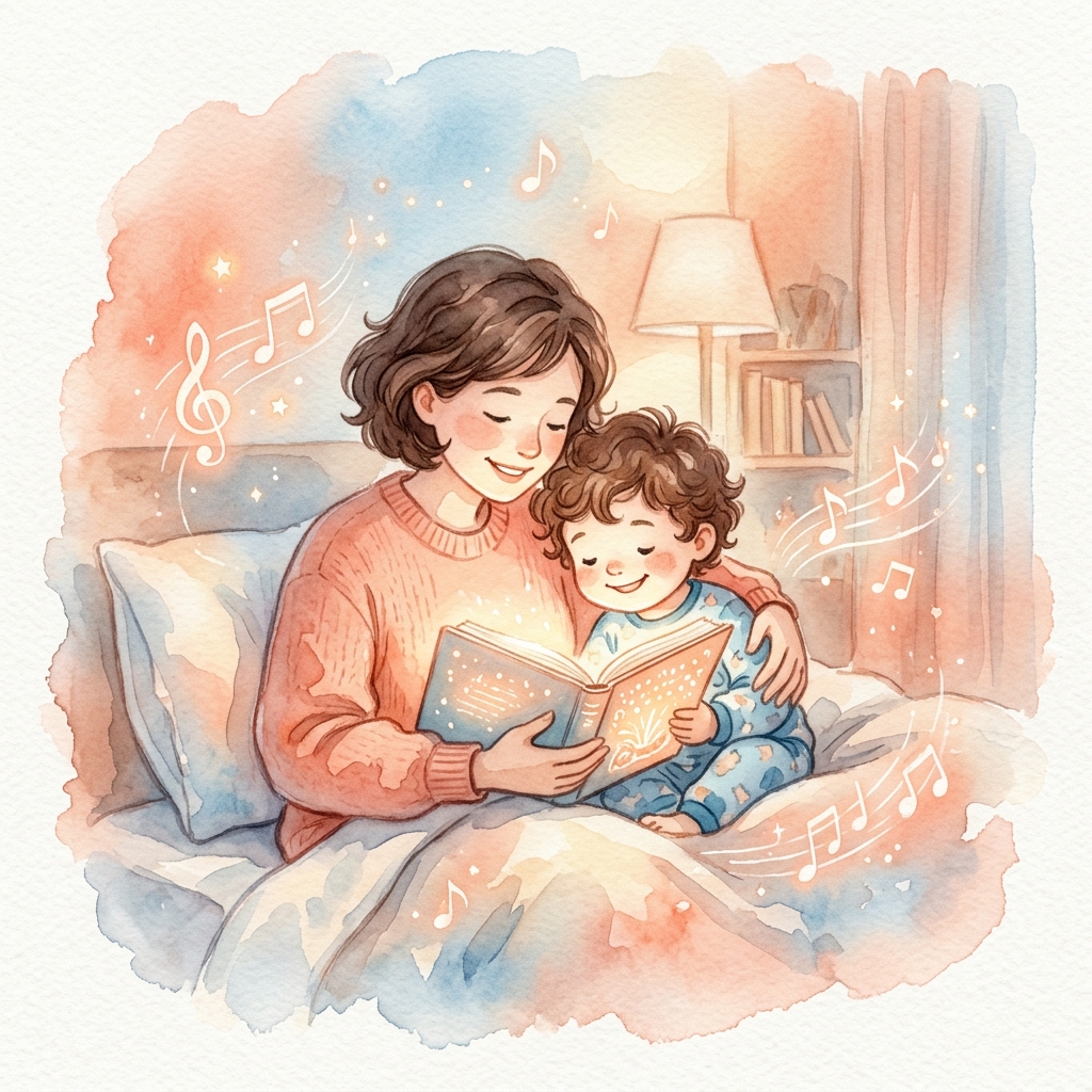 妈妈与孩子在床头共读发光的绘本