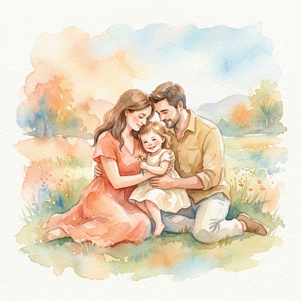 温馨的水彩家庭肖像画
