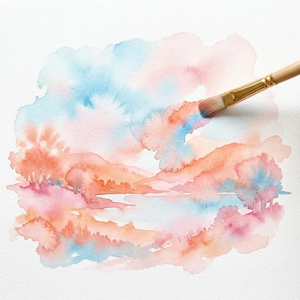 水彩画笔正在铺展一幅粉蓝色的梦幻风景