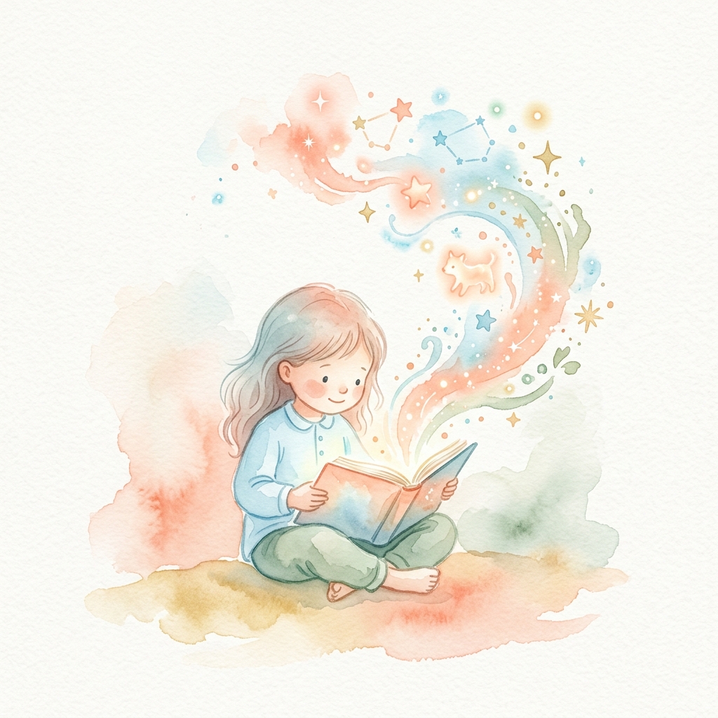 水彩绘本插画——孩子与魔法书